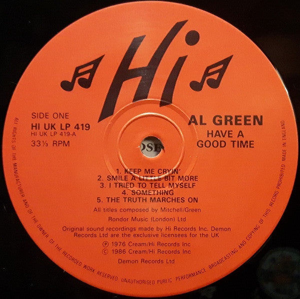 Image of Label Cover of LP - VG/VG - AL GREEN, Have A Good Time (Hi; HI UK LP 419, UK 1986 Reissue), , - 3626374E