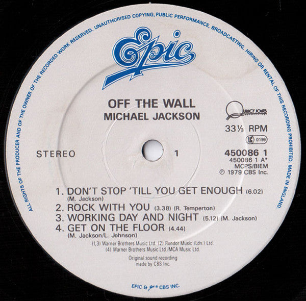 Image of Label Cover of LP - G+/G - MICHAEL JACKSON, Off The Wall (Epic (Grey/Blue); EPC 450086 1, UK 1982 Reissue, Top Loading Single Sleeve, Inner & Insert), Lots of marks on record. Sleeve worn and with small rips at edges; some scuffs and creases, - 3616281C