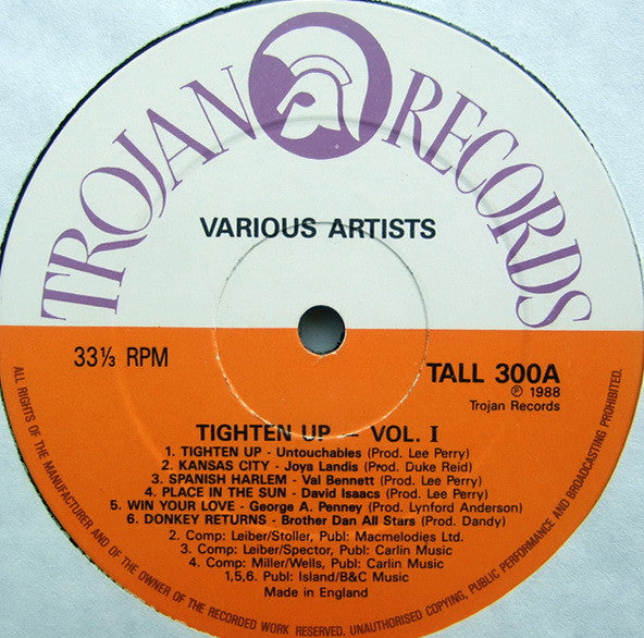 Image of Label Cover of 3xLP - G+/VG - VARIOUS ARTISTS, Tighten Up (Trojan Records (Orange/White); TALL 300, UK 1988, Box Set, Insert), Side A,B,C,D VG with few hairlines. Side E has a scuff marks that doen't affect play on the first 3 tracks. Audible click halfway through track 4. Side F VG with few hairlines. Box sleeve shows considerable wear., - 4026083E