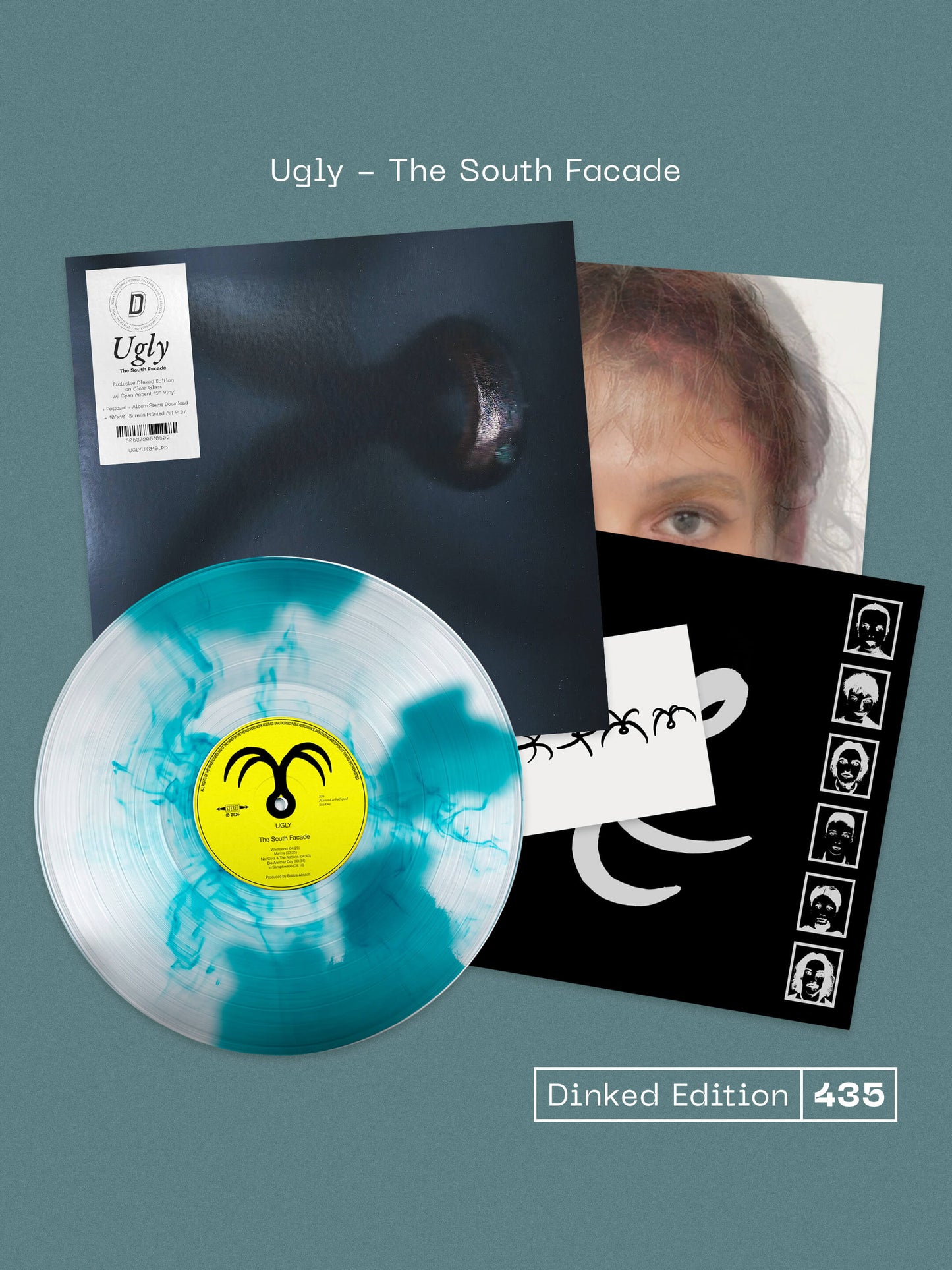 UGLY, The South Facade - Dinked Edition (state51; UGLYUK010LPD, UK 2026, Screen Print Poster, Postcard, Dinked No. 435, Clear Glass with Cyan Accent Vinyl, Album Stem Download, Limited Press LP NEW/NEW - PRE-ORDER