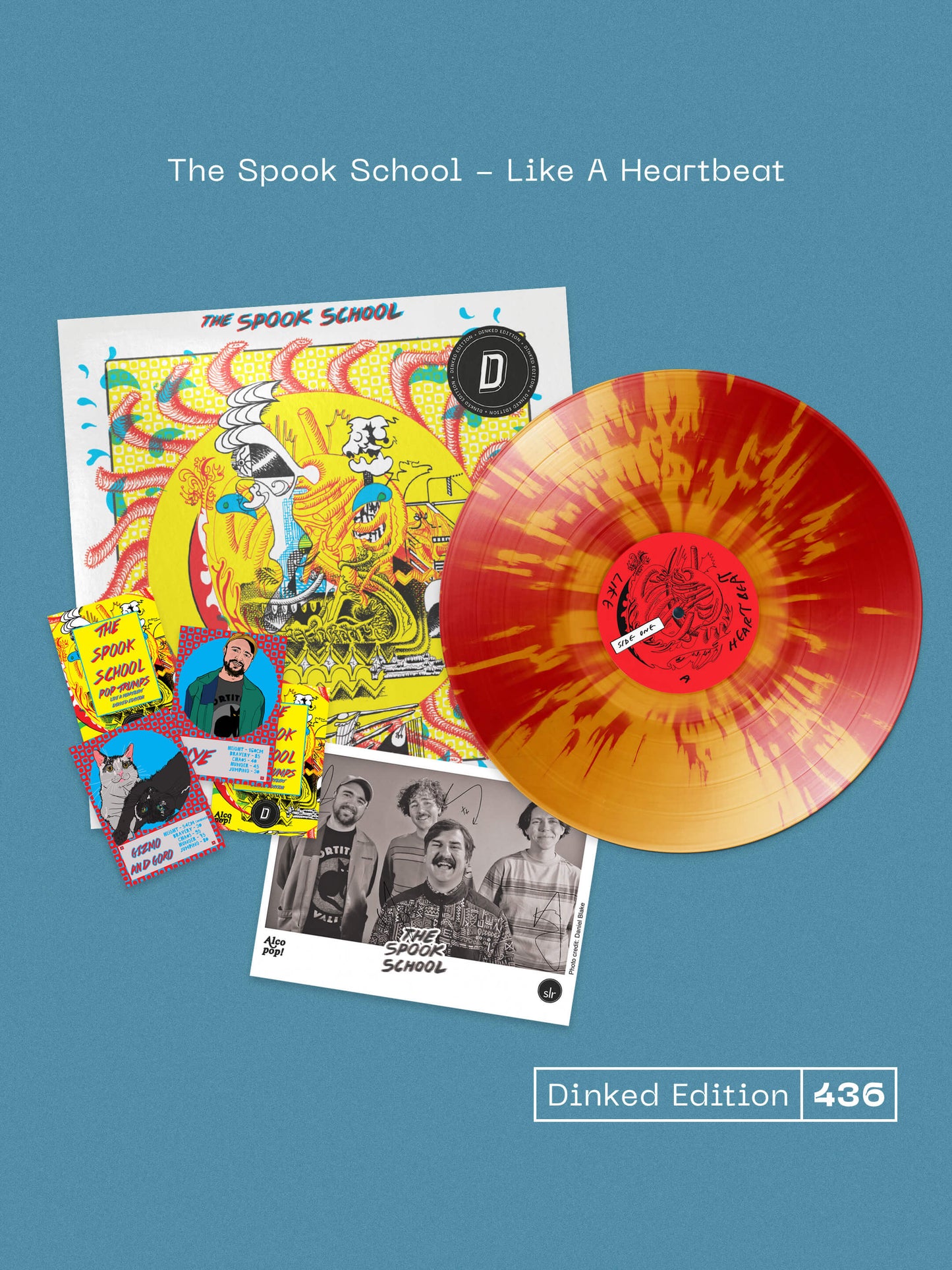 THE SPOOK SCHOOL, Like A Heartbeat - Dinked Edition (Alcopop! Records; Alcopop321XX, Europe 2026, 8 x Spook School Top Trumps, Signed Press Photo, Dinked No. 436, 'Heartbeat Red & Yellow' Sp LP NEW/NEW - PRE-ORDER