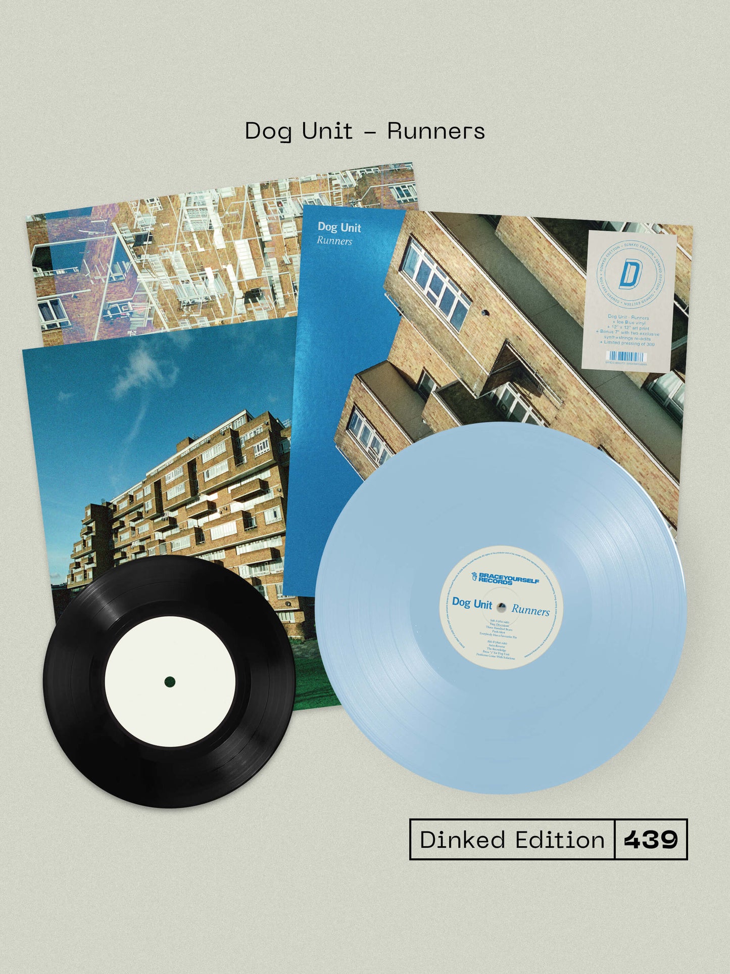 DOG UNIT, Runners - Dinked Edition (Brace Yourself; BYREC66LPD, UK 2026, 12x12 Art Print, Dinked No.439, Limited Pressing of 300, Ice Blue Vinyl with Bonus 7") LP NEW/NEW - PRE-ORDER