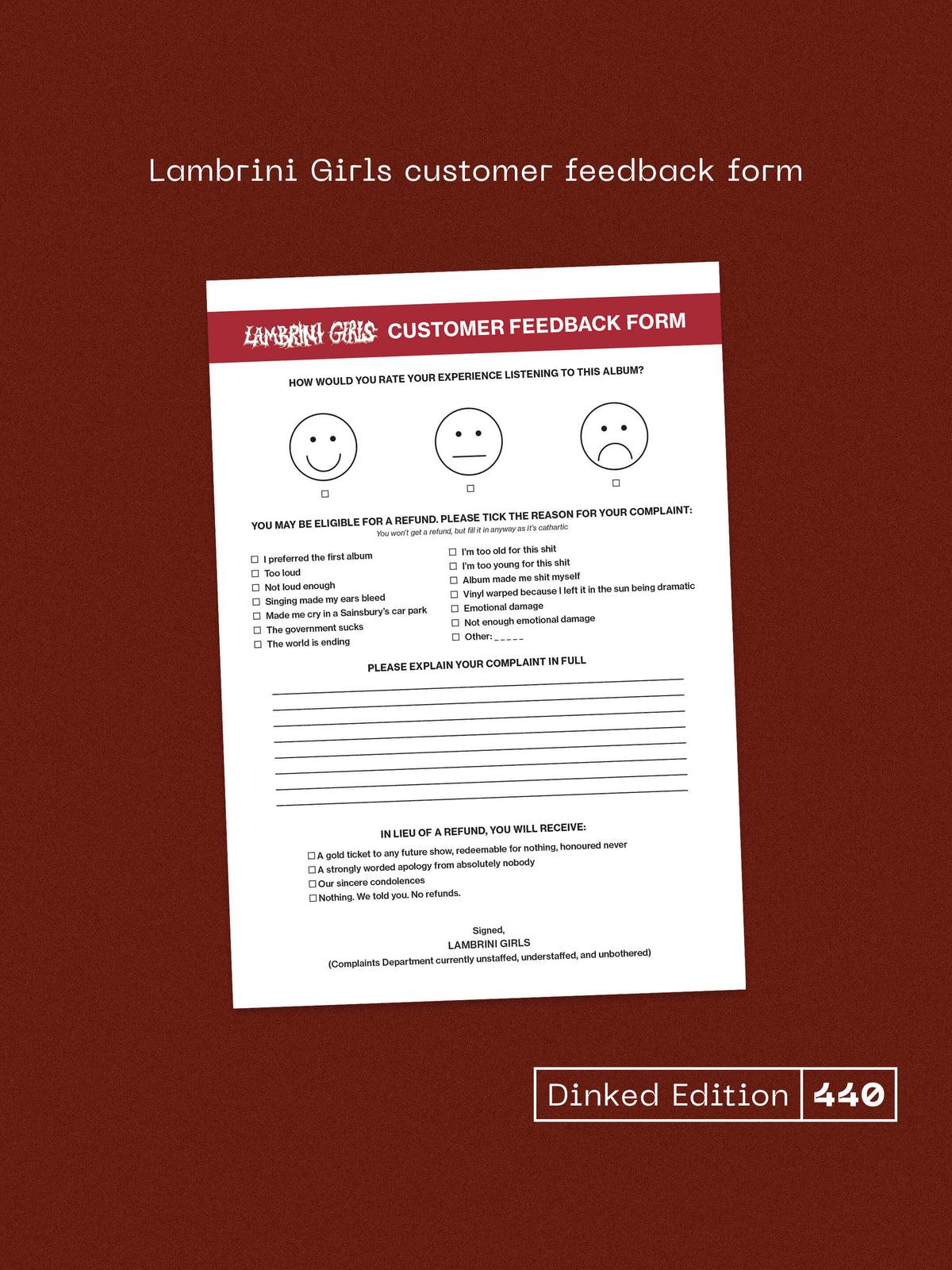 LAMBRINI GIRLS, No Refunds - Dinked Edition (City Slang; Slang50617DK, Europe 2026, Gatefold, Double Sided Calendar & Poster, Bumper Sticker, Dinked No.440, "Don't Dink Shame| Magenta Vinyl, LP NEW/NEW - PRE-ORDER