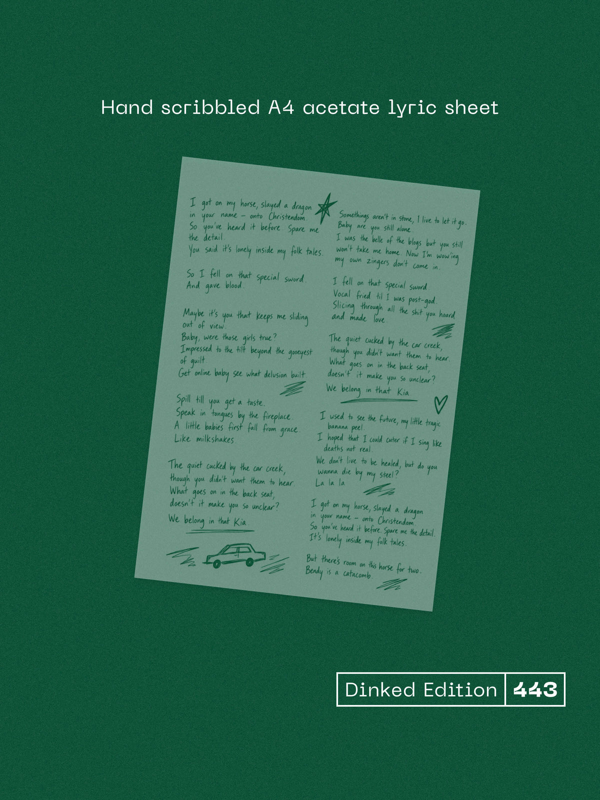 BLUE BENDY, One Day This Will All Be Lore - Dinked Edition (Blue Bendy; PMD10, UK 2027, Hand Scribbled A4 Acetate Lyric Sheet, Dinked No.443, Transparent Green Vinyl, Limited Pressing of 300 LP NEW/NEW - PRE-ORDER