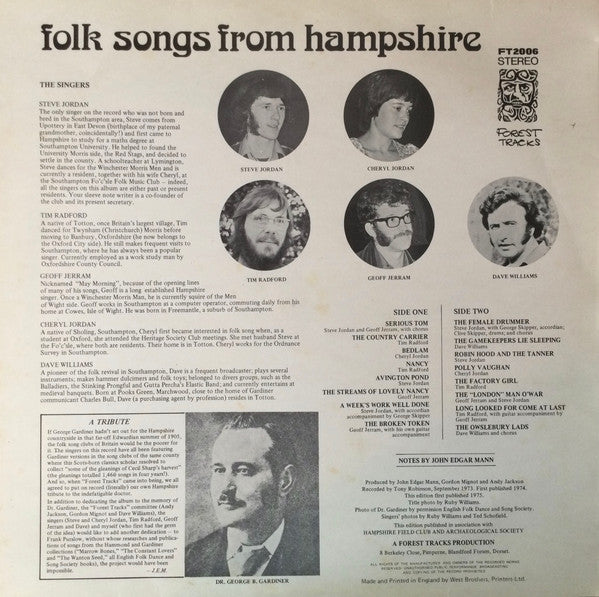 Image of Back Cover of LP - VG/VG - VARIOUS, Folk Songs From Hampshire (Forest Tracks; FT2006, UK 1974), 1 Page Insert,  - 3316472C