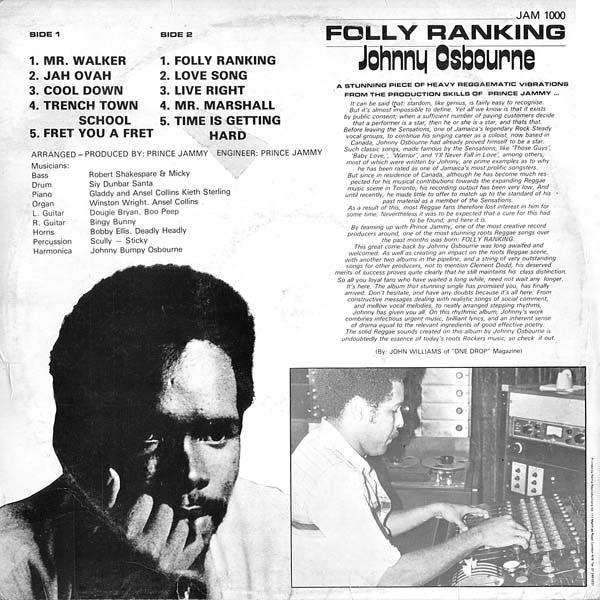 Image of Back Cover of LP - VG/VG+ - JOHNNY OSBOURNE, Folly Ranking (Jammy's; JAM 1000 , UK 1980, Yellow transparent vinyl), writing on rear of sleeve,  - 3726077E