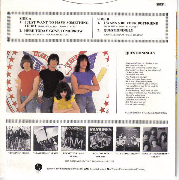 Image of Back Cover of 7" EP - VG+/EX - THE RAMONES, Meltdown With The Ramones (Sire; SREP 1, UK 1980, Picture Sleeve), Very Slight Damage To Sleeve Opening, I just want to do somethingHere today gone tomorrowI wanna be your boyfriendQuestioningly - 4226126E