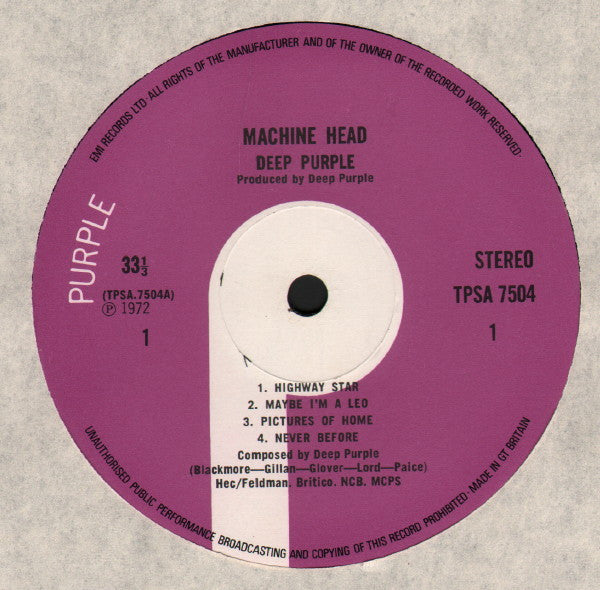 Image of Label Cover of LP - VG/VG+ - DEEP PURPLE, Machine Head (Purple Label, EMI On Rim, No EMI Box; TPSA7504, UK 1973 Reissue, Gatefold, Insert), ,  - 2726208E