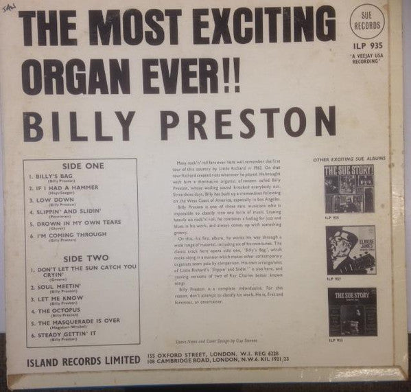 Image of Back Cover of 1424205E: LP - BILLY PRESTON, The Most Exciting Organ Ever (Sue Records (Red/Yellow); ILP 935, UK 1965, Laminated Front Sleeve, Mono) Vinyl has many surface hairlines. Cover has creases and heavy wear to top-left corner.  VG/G+