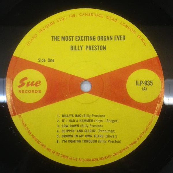 Image of Label Cover of 1424205E: LP - BILLY PRESTON, The Most Exciting Organ Ever (Sue Records (Red/Yellow); ILP 935, UK 1965, Laminated Front Sleeve, Mono) Vinyl has many surface hairlines. Cover has creases and heavy wear to top-left corner.  VG/G+