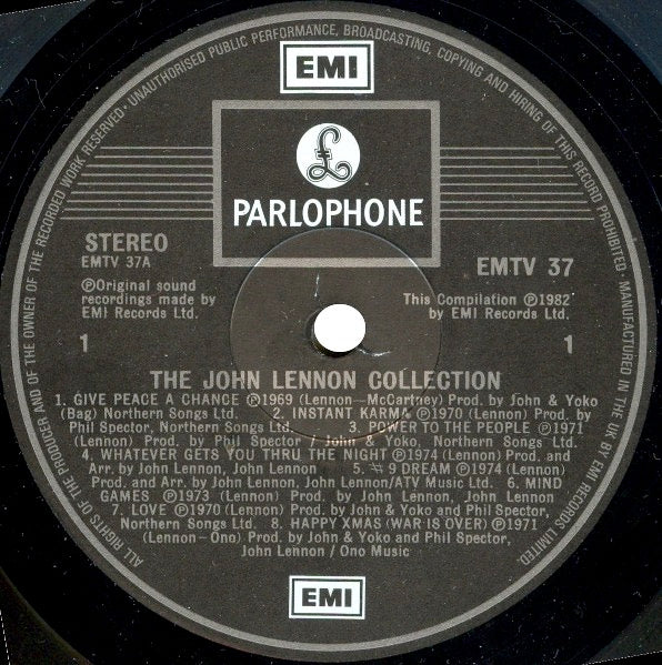 Image of Label Cover of LP - VG/VG - JOHN LENNON, The John Lennon Collection (Parlophone ; EMTV 37, UK 1982, Inner), ,  - 0846289S