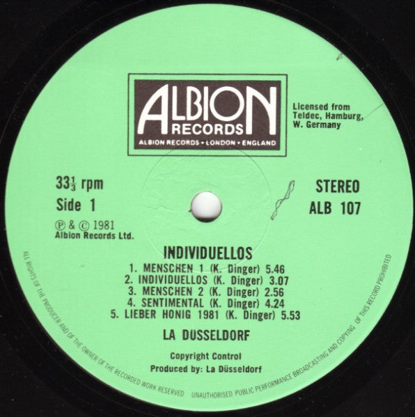 Image of Label Cover of LP - G+/G+ - LA DUSSELDORF, Individuellos (Albion; ALB107, UK 1981 Reissue), Hairlines, edge & ring wear,  - 3846061S