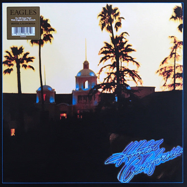 Image of Front Cover of LP - NEW/NEW - EAGLES, Hotel California (Asylum Records; RRM1-1084, Europe 2014 Reissue, Gatefold, Inner, Poster, 180 Gram Vinyl), , The fifth studio album by the American rock band Eagles is Hotel California (1976). It was the band's first album with guitarist Joe Walsh, who replaced founding member Bernie Leadon, and their final album with founding bassist Randy Meisner. David Alexander's photograph of the Beverly Hills Hotel graces the front cover. Hotel California is one of the b