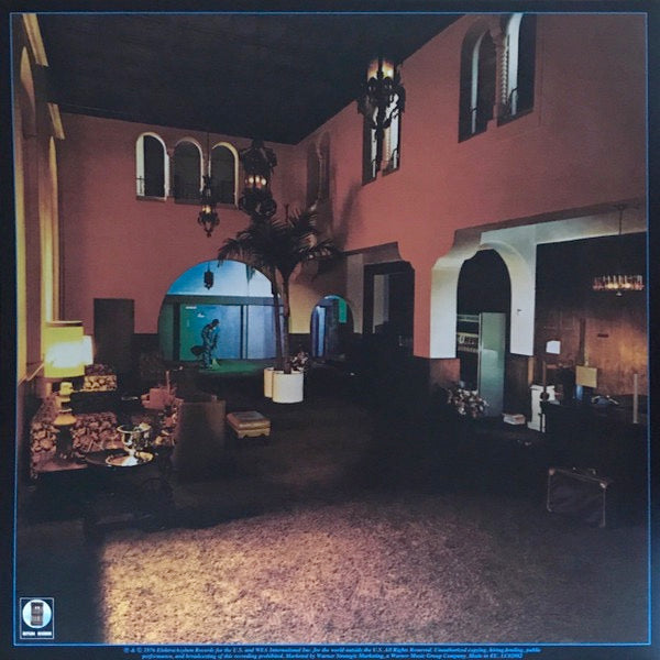 Image of Back Cover of LP - NEW/NEW - EAGLES, Hotel California (Asylum Records; RRM1-1084, Europe 2014 Reissue, Gatefold, Inner, Poster, 180 Gram Vinyl), , The fifth studio album by the American rock band Eagles is Hotel California (1976). It was the band's first album with guitarist Joe Walsh, who replaced founding member Bernie Leadon, and their final album with founding bassist Randy Meisner. David Alexander's photograph of the Beverly Hills Hotel graces the front cover. Hotel California is one of the be