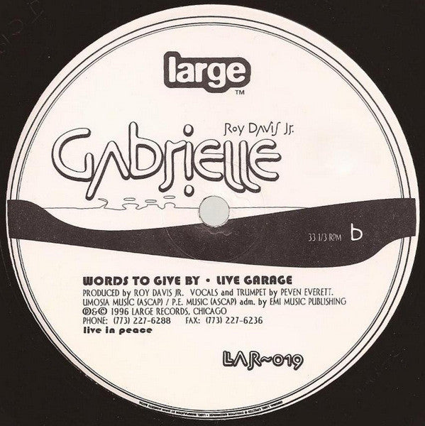 Image of Back Cover of 12" - /G+ - ROY DAVIS JR., Gabrielle (Large; LAR-019, US 1996), strong G+. lots of light marks and one or two scuffs, A1 Gabrielle (The Scroll Mix)A2 Gabrielle (Tamborine Dub)B1 Gabrielle (Words To Give By)B2 Gabrielle (Live Garage) - 3946221S