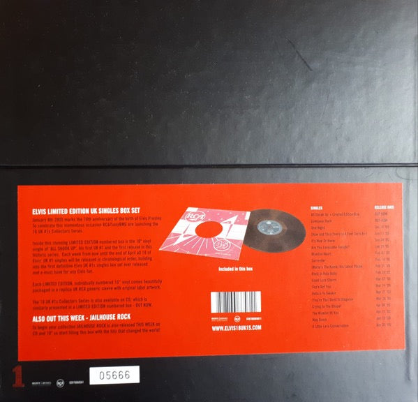 Image of Back Cover of 18x10" - VG/VG - ELVIS PRESLEY, 18 UK 1s (RCA; 82876666561, UK 2005, Box Set, 18 Inners), Wear & some fading on one side of box. Some of the vinyl have a slight warp. Limited edition number 07344., To celebrate the 70th Anniversary of Elvis's Birthday (8th January, 1935), All of his 18 UK #1 singles were re-released over 17 consecutive weeks, from jan 2005 - April 2005. Each single was limited & numbered incluing the original sleeve and label artwork.  - 2716143C