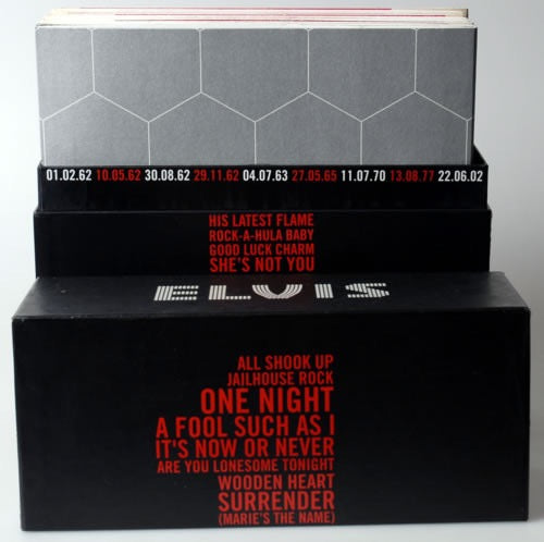 Image of Label Cover of 18x10" - VG/VG - ELVIS PRESLEY, 18 UK 1s (RCA; 82876666561, UK 2005, Box Set, 18 Inners), Wear & some fading on one side of box. Some of the vinyl have a slight warp. Limited edition number 07344., To celebrate the 70th Anniversary of Elvis's Birthday (8th January, 1935), All of his 18 UK #1 singles were re-released over 17 consecutive weeks, from jan 2005 - April 2005. Each single was limited & numbered incluing the original sleeve and label artwork.  - 2716143C