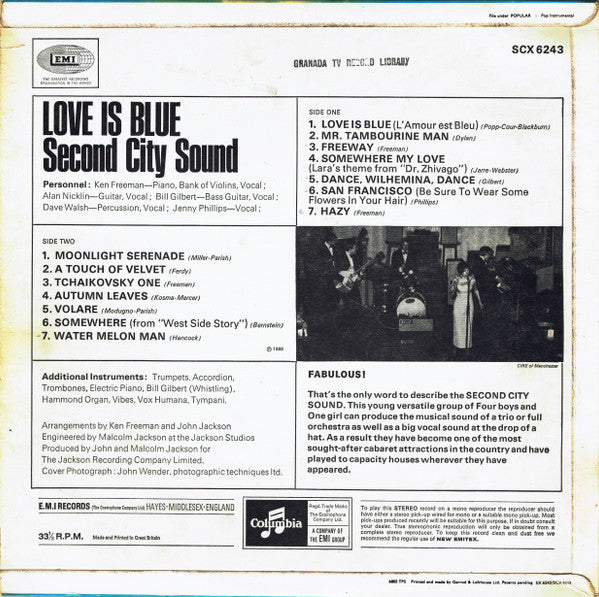 Image of Back Cover of 1924080E: LP - SECOND CITY SOUND, Love Is Blue (Columbia Blue/Black; SCX 6243, UK 1968, Laminated Flipback Sleeve)   VG+/VG+