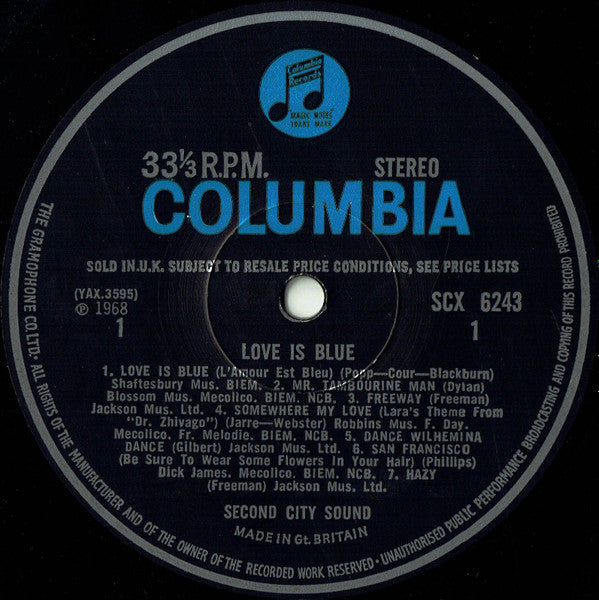 Image of Label Cover of LP - VG/VG+ - SECOND CITY SOUND, Love Is Blue (Columbia Blue/Black; SCX 6243, UK 1968, Laminated Flipback Sleeve), Edge Wear,  - 0626328E