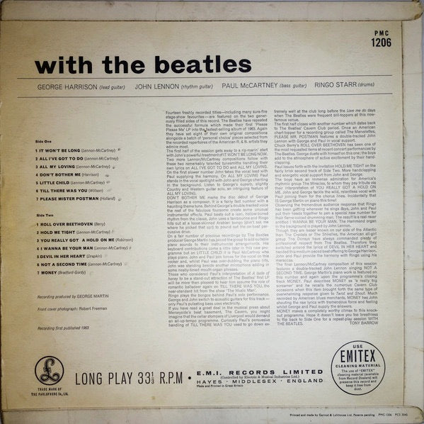 Image of Back Cover of LP - VG/G - THE BEATLES, With the Beatles (Parlophone Black/Yellow; PMC 1206, UK 1963, Laminated Flipback Sleeve, 2nd Press. Mono, Parlophone co. on Rim, "Recording 1st Published" Text, 'You Really Got A Hold on Me' is Listed Correctly With Single Space on Label and Double Space on Sleeve. G&L Sleeve. K/T Tax Code), , 2nd Press. Mono, Parlophone co. on Rim, "Recording 1st Published" Text, 'You Really Got A Hold on Me' is Listed Correctly With Single Space on Label and Double Space on 