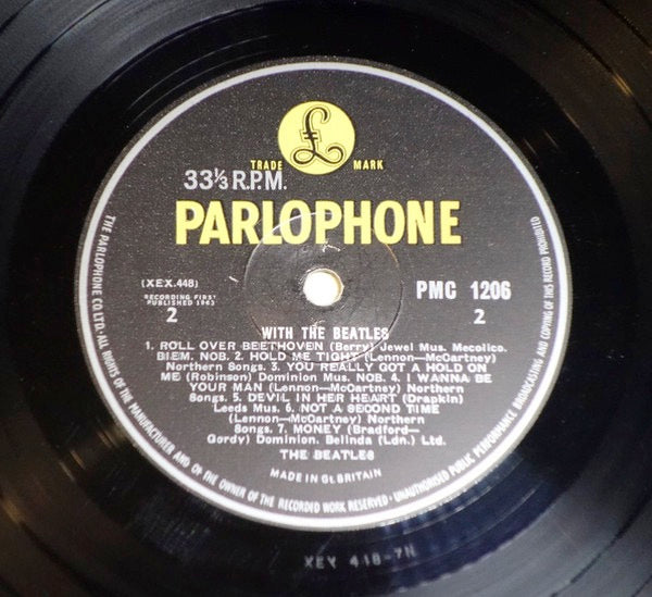 Image of Label Cover of LP - VG/G - THE BEATLES, With the Beatles (Parlophone Black/Yellow; PMC 1206, UK 1963, Laminated Flipback Sleeve, 2nd Press. Mono, Parlophone co. on Rim, "Recording 1st Published" Text, 'You Really Got A Hold on Me' is Listed Correctly With Single Space on Label and Double Space on Sleeve. G&L Sleeve. K/T Tax Code), , 2nd Press. Mono, Parlophone co. on Rim, "Recording 1st Published" Text, 'You Really Got A Hold on Me' is Listed Correctly With Single Space on Label and Double Space on