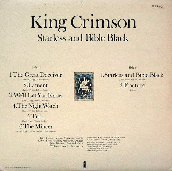 Image of Back Cover of 5124205E: LP - KING CRIMSON, Starless and Bible Black (Island Pink Rim, No Grooves; ILPS9275, UK 1974, Textured Gatefold Sleeve, Inner, SARC and Sean + Ray Runouts)   VG+/VG