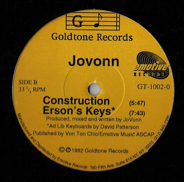 Image of Back Cover of 12" EP - /VG - JOVONN, Underground Construction EP (Goldtone Records; GT-1002-0, US 1992, Plain Sleeve), Light marks only, A - Be Free '92	9:26B1 - Construction	5:47B2 - Erson's Keys .     7:43 - 3446362S