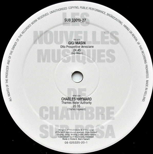 Image of Label Cover of 5124385E: LP - CHARLES HAYWARD / GIGI MASIN, Les Nouvelles Musiques De Chambre Volume 2 (Sub Rosa; SUB 33019-27, Belgium 1989) Strong VG+, Slight Sticker damage To Sleeve  VG+/VG+