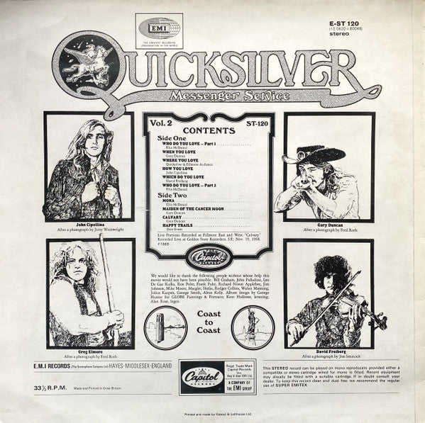 Image of Back Cover of LP - VG+/VG+ - QUICKSILVER MESSENGER SERVICE, Happy Trails (Capitol Green; EST120, UK 1969 Reissue, Laminated Front Sleeve - Non-Flipback, Stereo), Writing On Label and Rear Sleeve,  - 0626111E