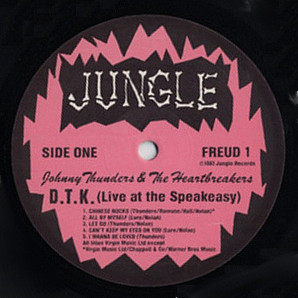 Image of Back Cover of 3824134E: LP - JOHNNY THUNDERS AND THE HEARTBREAKERS, D.T.K. (Live At The Speakeasy) (Jungle; FREUD1, UK 1982, Pink labels and pink letters on the cover)   VG/VG