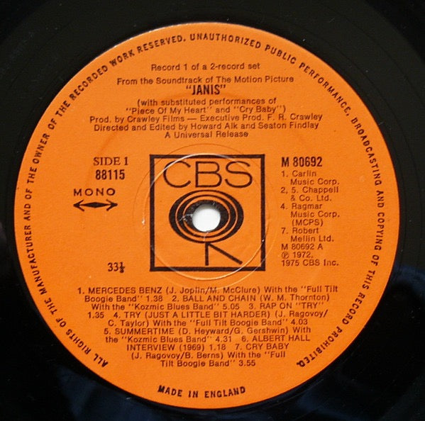 Image of Label Cover of 2xLP - G+/G - JANIS JOPLIN, Janis - OST (CBS Orange (33 1/3 On Label); 88115, UK 1975, Gatefold, Stapled In Booklet + Insert), Light marks, Hairlines and some mottling , Sleeve has edge wear, Ring wear and generally worn, Booklet intact,  - 2316470C