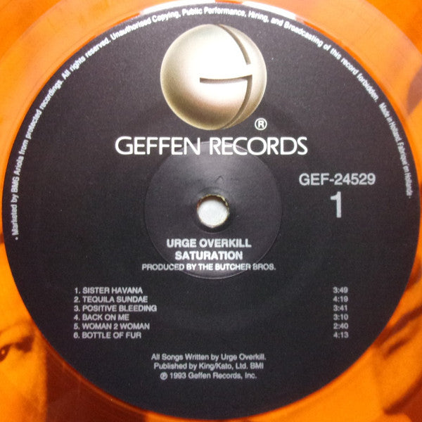 Image of Label Cover of 2924249E: LP - URGE OVERKILL, Saturation (Geffen; GEF 24529, Europe 1993, Inner, Orange Vinyl) Corner Creases, Stickered Sleeve, Promo Sticker Over Barcode  VG/EX