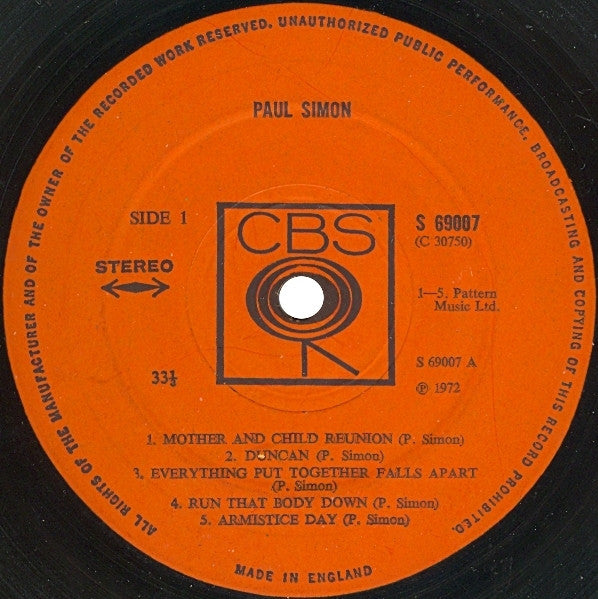 Image of Label Cover of LP - VG/VG - PAUL SIMON, Paul Simon (CBS Orange (33 1/3 On Label); S 69007, UK 1972, Inner), Strong VG,  - 2226095E