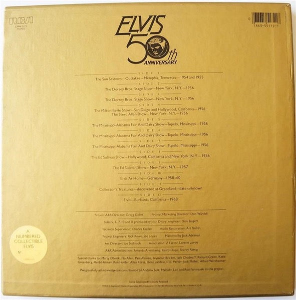 Image of Back Cover of 6xLP - VG/VG+ - ELVIS PRESLEY, A Golden Celebration (RCA; CPM6-5172, US 1984, Embossed Box Set, Mono Numberted Limited Collectors Edition), Tear on Rear Sleeve,  - 3826266E