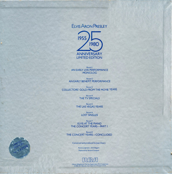 Image of Back Cover of 8xLP - VG/VG+ - ELVIS PRESLEY, Elvis Aron Presley (1955-1980 - 25 Anniversary) (RCA; ELVIS 25, US 1980, Embossed Box Set, Booklet, Limited Edition, Numbered), No. 4453. Light marks only. Edge wear.,  - 3126312E