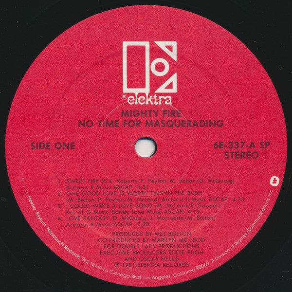 Image of Label Cover of LP - VG/EX - MIGHTY FIRE, No Time For Masquerading (Elektra; 6E-337, US 1981, Inner), Still in opened shrinkwrap but with a little edgewear, bumped corners, hint of ringwear.,  - 4426047E
