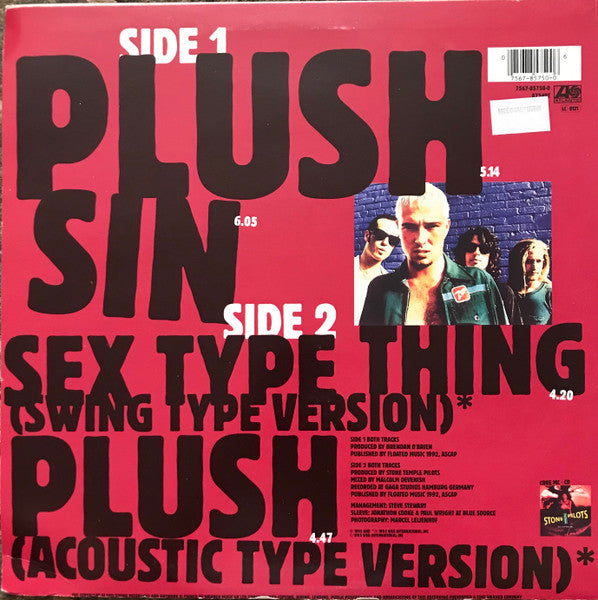 Image of Back Cover of 12" - VG/G+ - STONE TEMPLE PILOTS, Plush (Atlantic; A7349T, UK 1993, Stickered Picture Sleeve), With T shirt transfer and stickered sleeve, Transfer has fogged a large part of the disc like many copies, Plays through well though. ,  - 1316131C