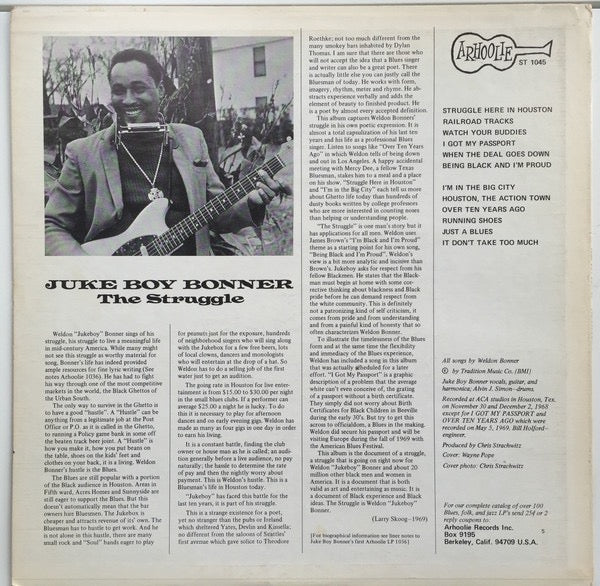 Image of Back Cover of LP - VG+/VG+ - JUKE BOY BONNER, The Struggle (Arhoolie; ST 1045, US 1969, Pasteback Sleeve, Stereo), Nice clean copy throughout!,  - 2316550C
