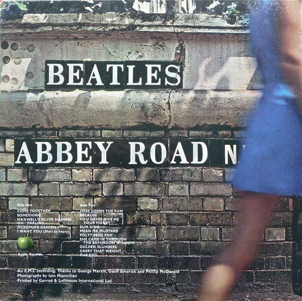 Image of Back Cover of LP - G/G - THE BEATLES, Abbey Road (Apple; PCS 7088, UK 1969, Laminated Sleeve, 1st Press, No Her Majesty Credit On Label, Apple Logo Aligned, YEX749-2 /  750-1), Lots of hairlines, one feelable mark over Come Together. Heacy water damage to sleeve and spine split.,  - 4326368E