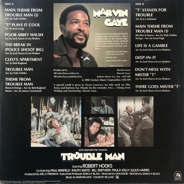 Image of Back Cover of LP - VG/VG - MARVIN GAYE, Trouble Man (Tamla; T 322L, US 1972, Half-Gatefold, Company Inner, Superior pressing), Record is strong VG - just a few light hairlines. Motown inner is split. Sleeve has edgewear, ringwear, creases. ,  - 2226136E
