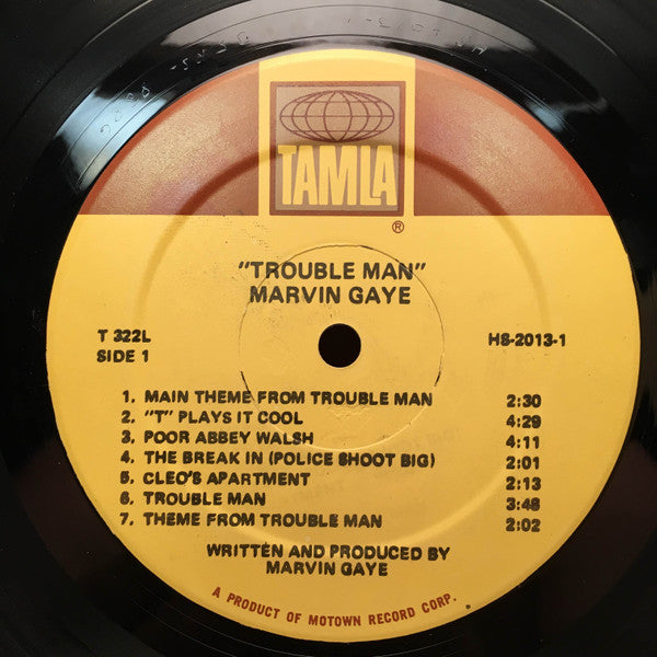 Image of Label Cover of LP - VG/VG - MARVIN GAYE, Trouble Man (Tamla; T 322L, US 1972, Half-Gatefold, Company Inner, Superior pressing), Record is strong VG - just a few light hairlines. Motown inner is split. Sleeve has edgewear, ringwear, creases. ,  - 2226136E