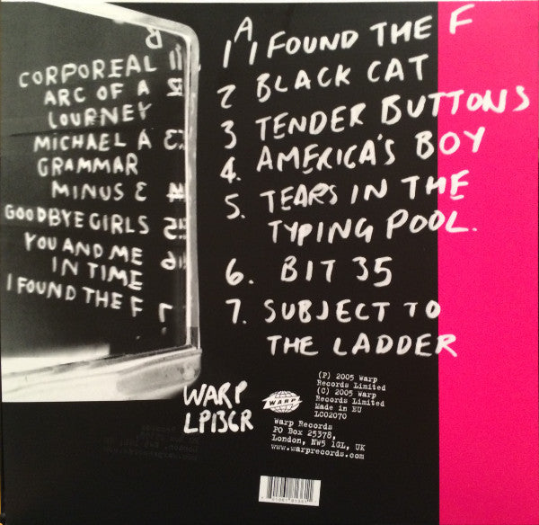 Image of Back Cover of LP - NEW/NEW - BROADCAST, Tender Buttons (Warp; WARPLP136R, UK 2015 Reissue, Inner), , 'Tender Buttons' is the third studio album by Broadcast. It was originally released on 19 September 2005 by Warp Records. Now a duo following the departure of guitarist Tim Felton, Broadcast have swapped the rich textures and multiple layers of previous records for a much rawer and grittier sound, based on dry electronics, bass, processed guitars and singer Trish Keenan's deadpan voice. Stripped dow