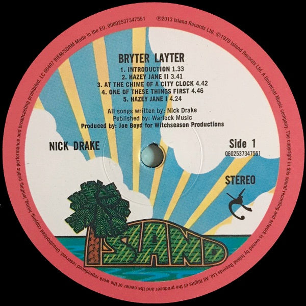 Image of Label Cover of LP - VG/VG - NICK DRAKE, Bryter Layter (Island Records ; 0602537347551, UK & Europe 2013 Reissue, Textured Sleeve, Inner, 180 Gram Vinyl), ,  - 2926167E