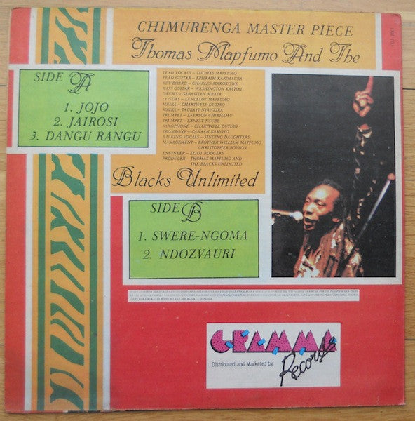Image of Back Cover of LP - VG/VG+ - THOMA MAPFUMO & THE BLACKS UNLIMITED, Chimurenga Master Piece (Gramma; TML 103, Zimbabwe 1990), Vinyl has some minor pressing flaws on A3 that don't affect playback. Edgewear.,  - 3926179E