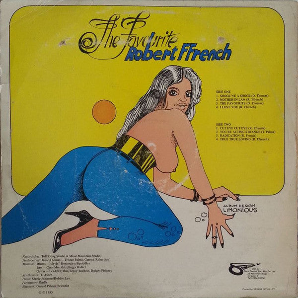 Image of Back Cover of 3814428C: LP - ROBERT FFRENCH, The Favourite (Black Solidarity; , Jamaica 1985) Light marks only, sounds VG+. WOL and label wear. Cover has a large tear around the horse face on the front right bottom corner, back cover looks great.  G+/VG