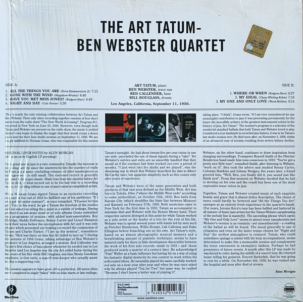 Image of Back Cover of LP - NEW/NEW - ART TATUM / BEN WEBSTER QUARTET , The Art Tatum / Ben Webster Quartet (Wax Time; LP771762, UK 2012 Reissue, Limited Edition, Remastered, Mono, 180g), ,  - 3536194E