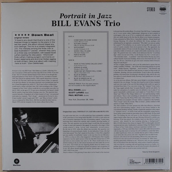 Image of Back Cover of LP - NEW/NEW - BILL EVANS TRIO, Portrait In Jazz (WaxTime; 771687, Europe 2010 Reissue), ,  - 2416245C