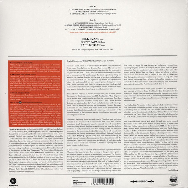 Image of Back Cover of LP - NEW/NEW - BILL EVANS TRIO, Waltz For Debby (Wax Time; LP771728, Europe 2012 Reissue, 180 Gram Vinyl), ,  - 1316488C