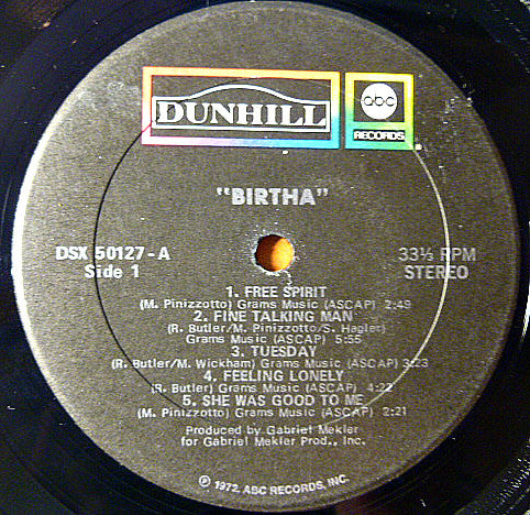 Image of Back Cover of 1724184E: LP - BIRTHA, Birtha (Dunhill; DSX50127, US 1972, Gatefold, Company Inner) Light marks/hairlines only. Cover has heavy ringwear and tape along top edge of back gatefold and small patch of ex-sticker wear to front.  G+/G+