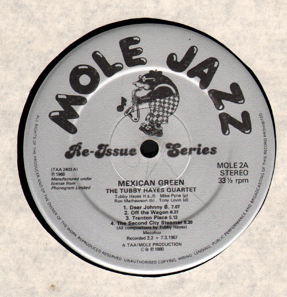 Image of Label Cover of LP - VG/VG+ - TUBBY HAYES QUARTET, Mexican Green (Mole Jazz; MOLE2, UK 1981 Reissue), Strong VG+, Sticker Damage To Sleeve, Writing On Rear Sleeve,  - 1526410E